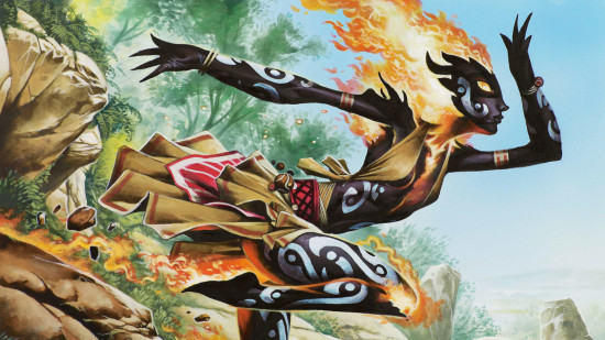 MTG art showing a flame elemental person from the plane of lorwyn.