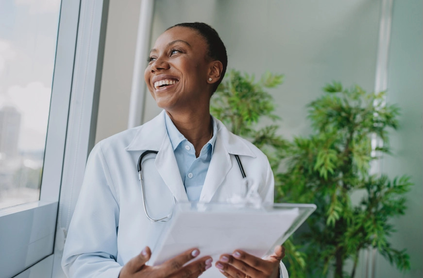 Locum tenens doctor consulting with a colleague at a hospital
