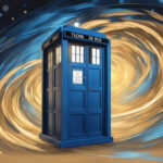 TARDIS spinning in space, stars and planets around it, highlighting the Doctor Who theme