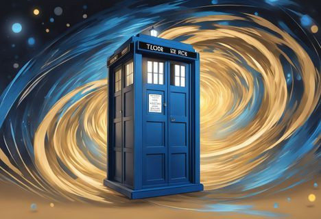 TARDIS spinning in space, stars and planets around it, highlighting the Doctor Who theme