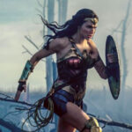Wonder Woman in her costume, shield up and running, behind her is smoke and burned out trees